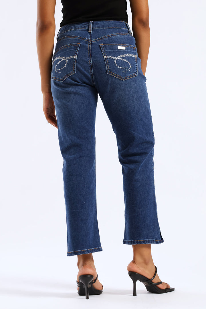 Mid Waist Capri Denim With Side Seam Slit & Back Pocket - Mid Blue