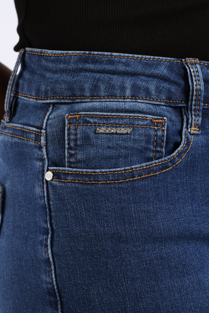 Mid Waist Capri Denim With Side Seam Slit & Back Pocket - Mid Blue