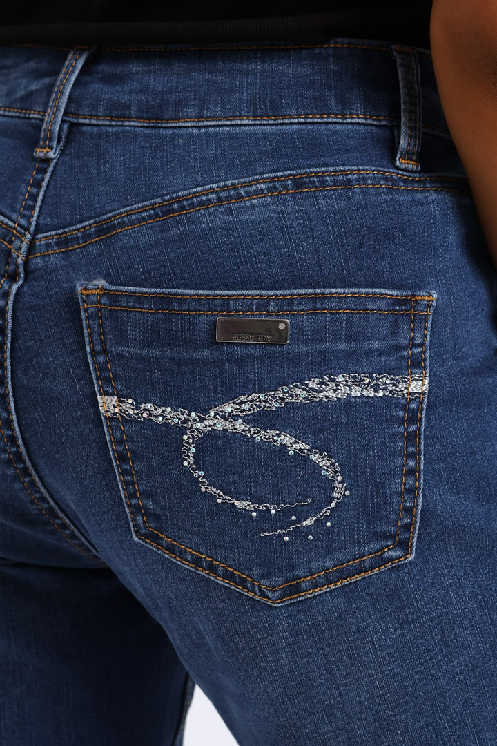 Mid Waist Capri Denim With Side Seam Slit & Back Pocket - Mid Blue