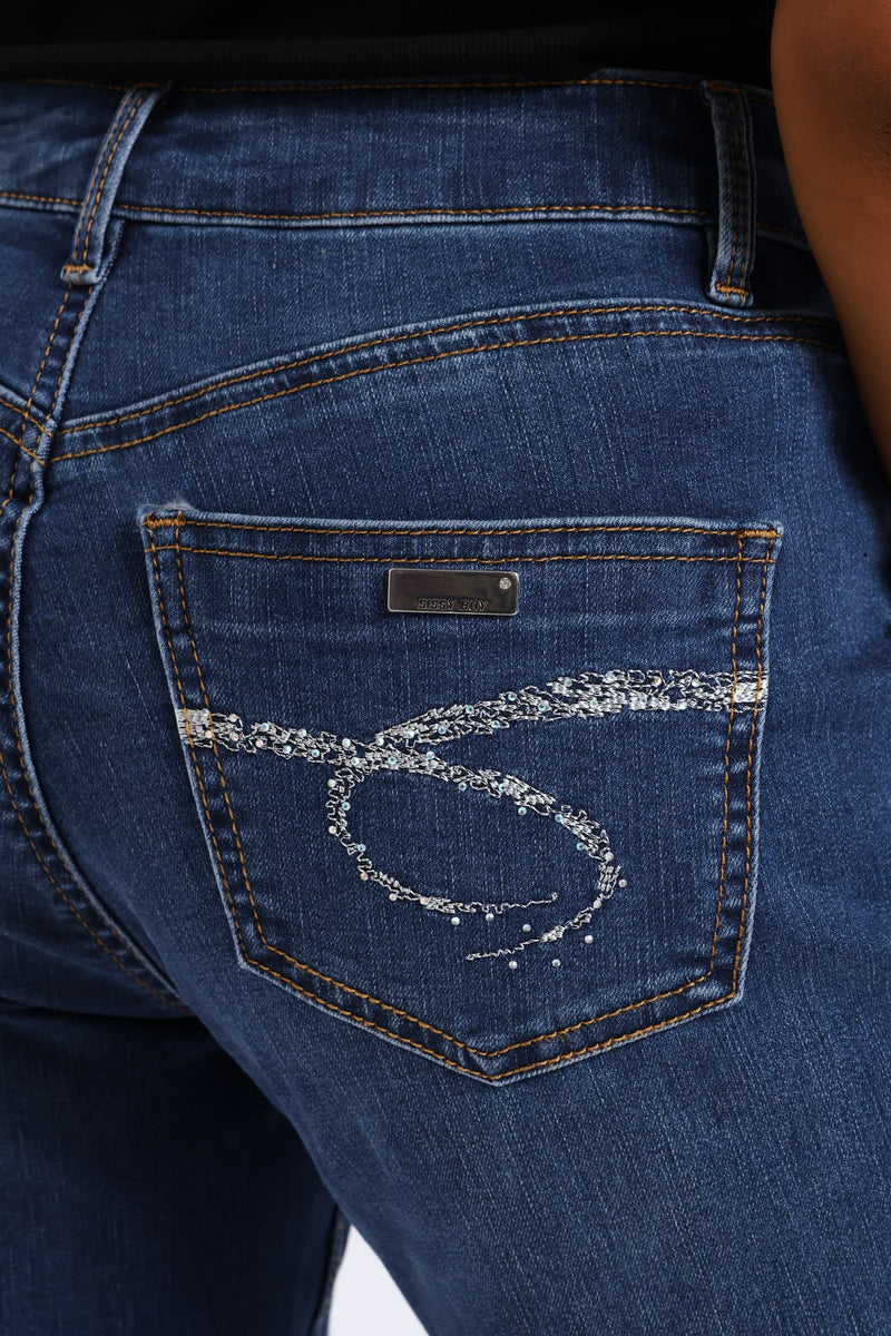 Mid Waist Capri Denim With Side Seam Slit & Back Pocket - Mid Blue