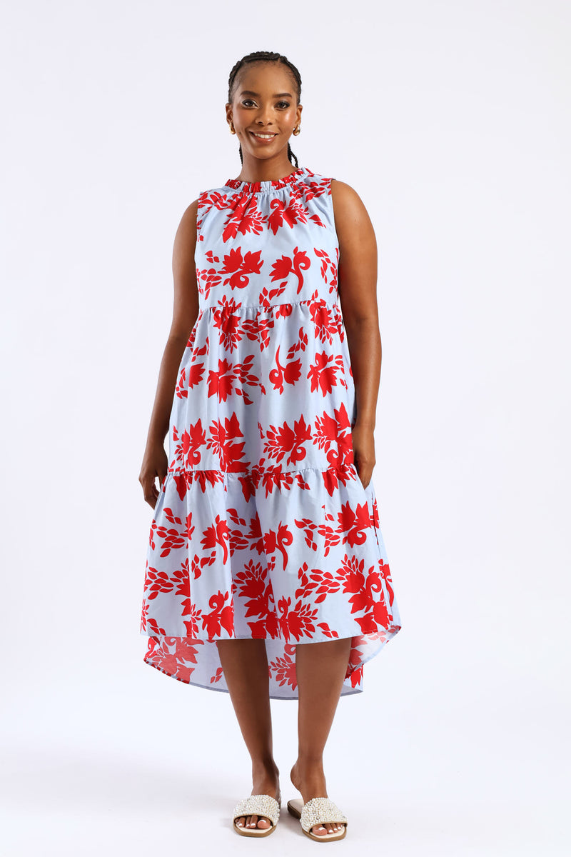 Frill Neck Tiered Hilo Flared Midi Dress - Light Blue/Red
