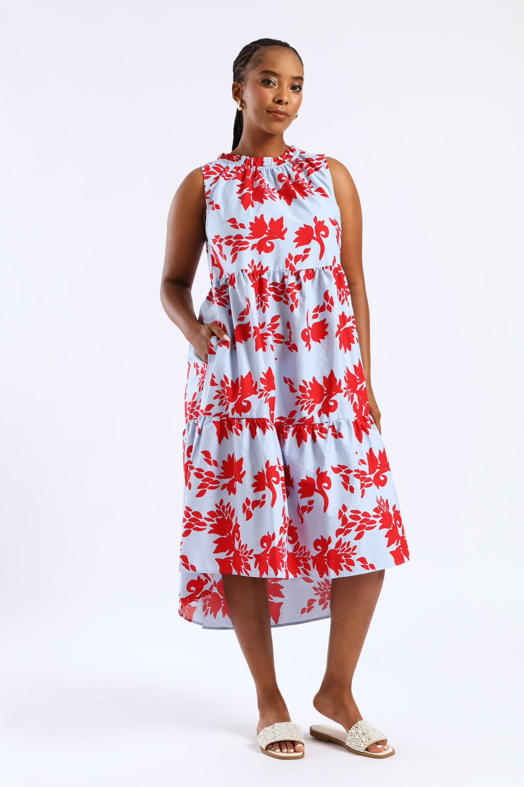 Frill Neck Tiered Hilo Flared Midi Dress - Light Blue/Red