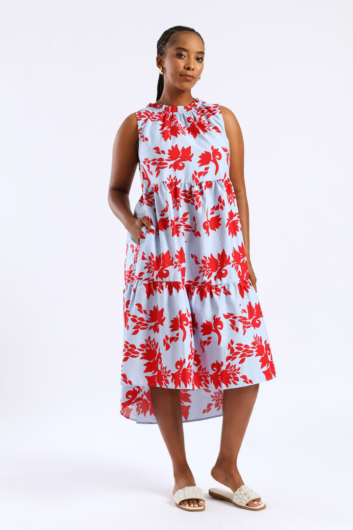 Frill Neck Tiered Hilo Flared Midi Dress - Light Blue/Red