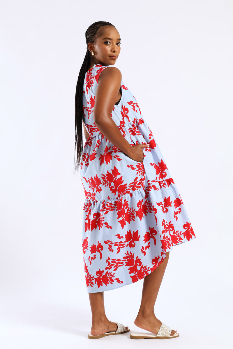 Frill Neck Tiered Hilo Flared Midi Dress - Light Blue/Red