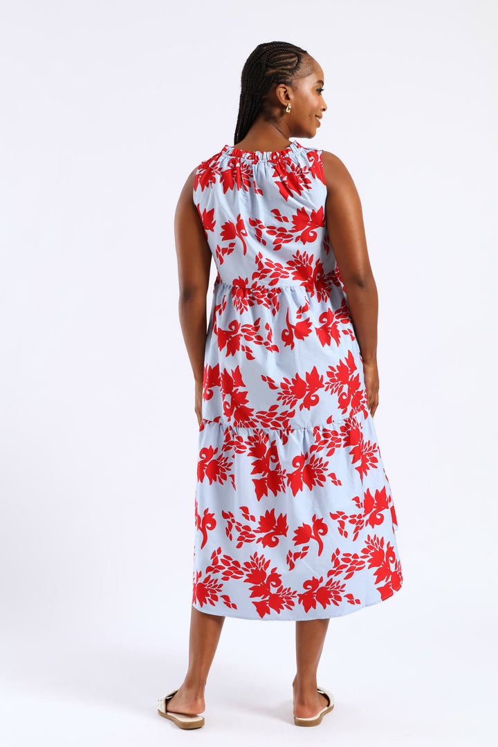 Frill Neck Tiered Hilo Flared Midi Dress - Light Blue/Red