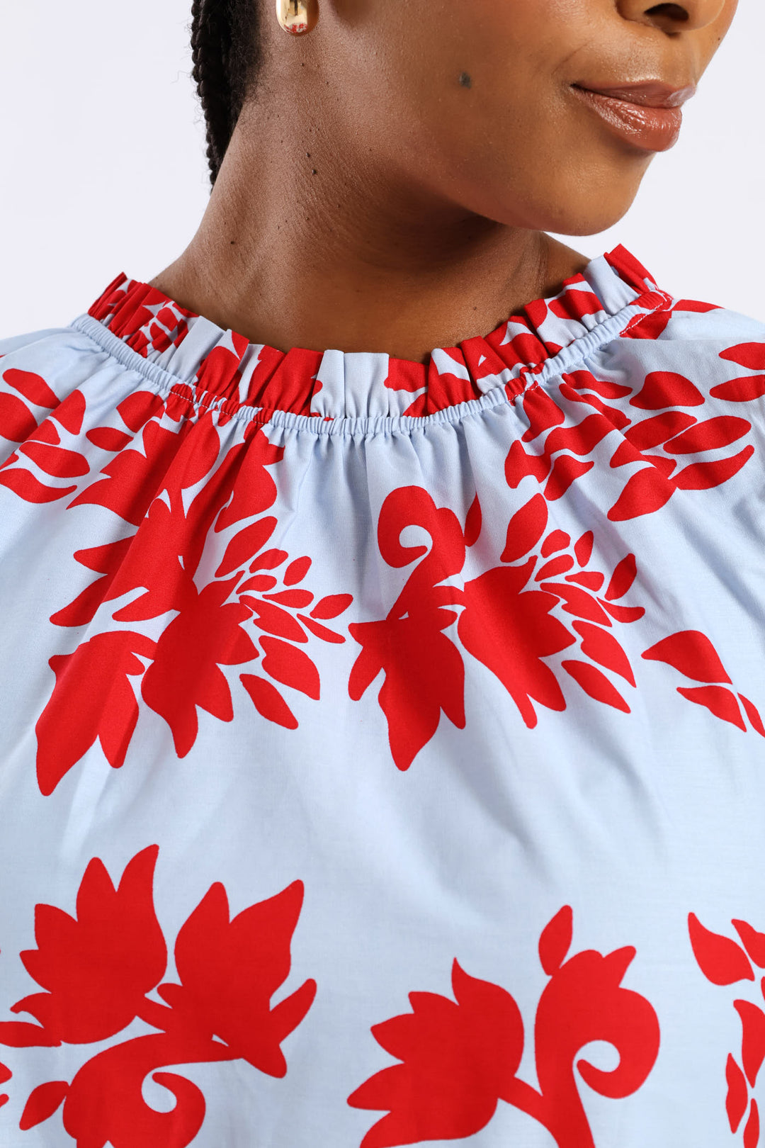 Frill Neck Tiered Hilo Flared Midi Dress - Light Blue/Red