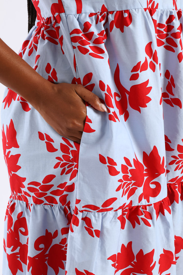 Frill Neck Tiered Hilo Flared Midi Dress - Light Blue/Red