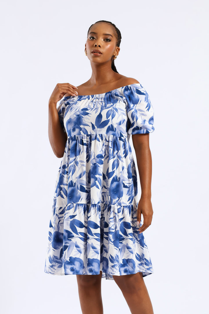 Printed Tiered Gypsy Mini Dress - White/Blue