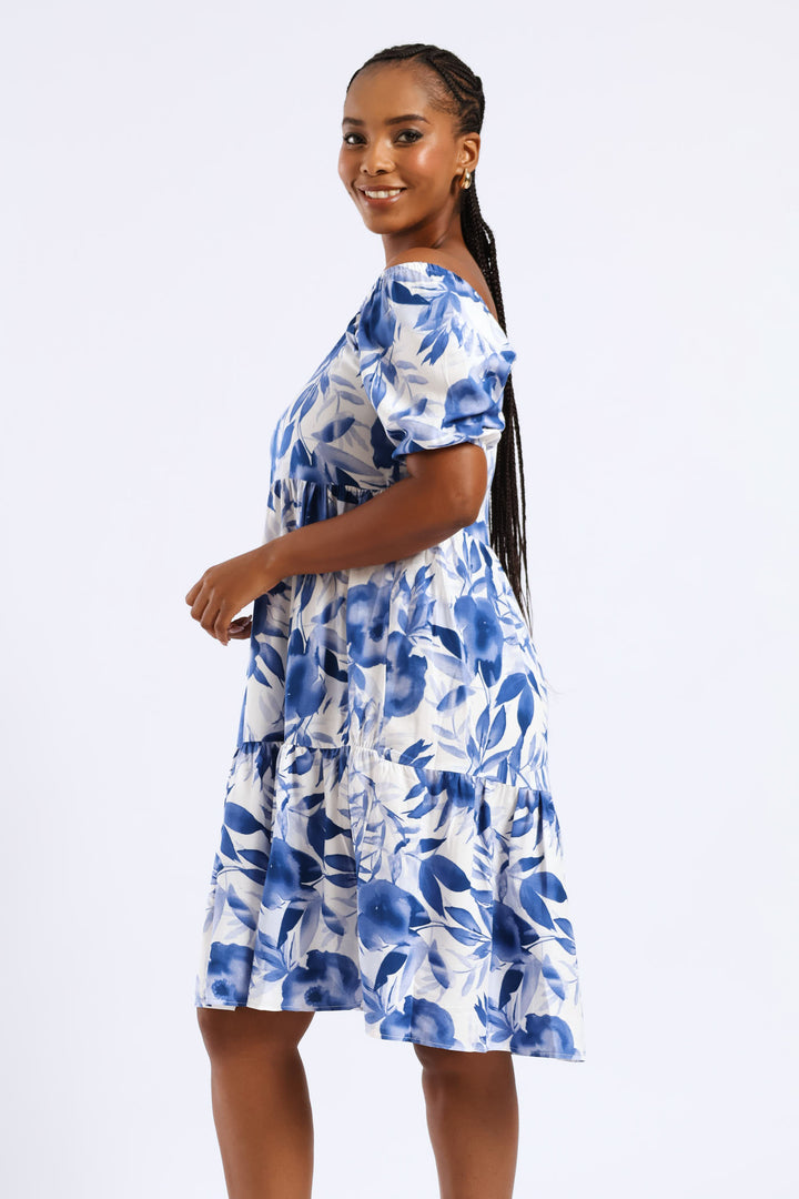 Printed Tiered Gypsy Mini Dress - White/Blue