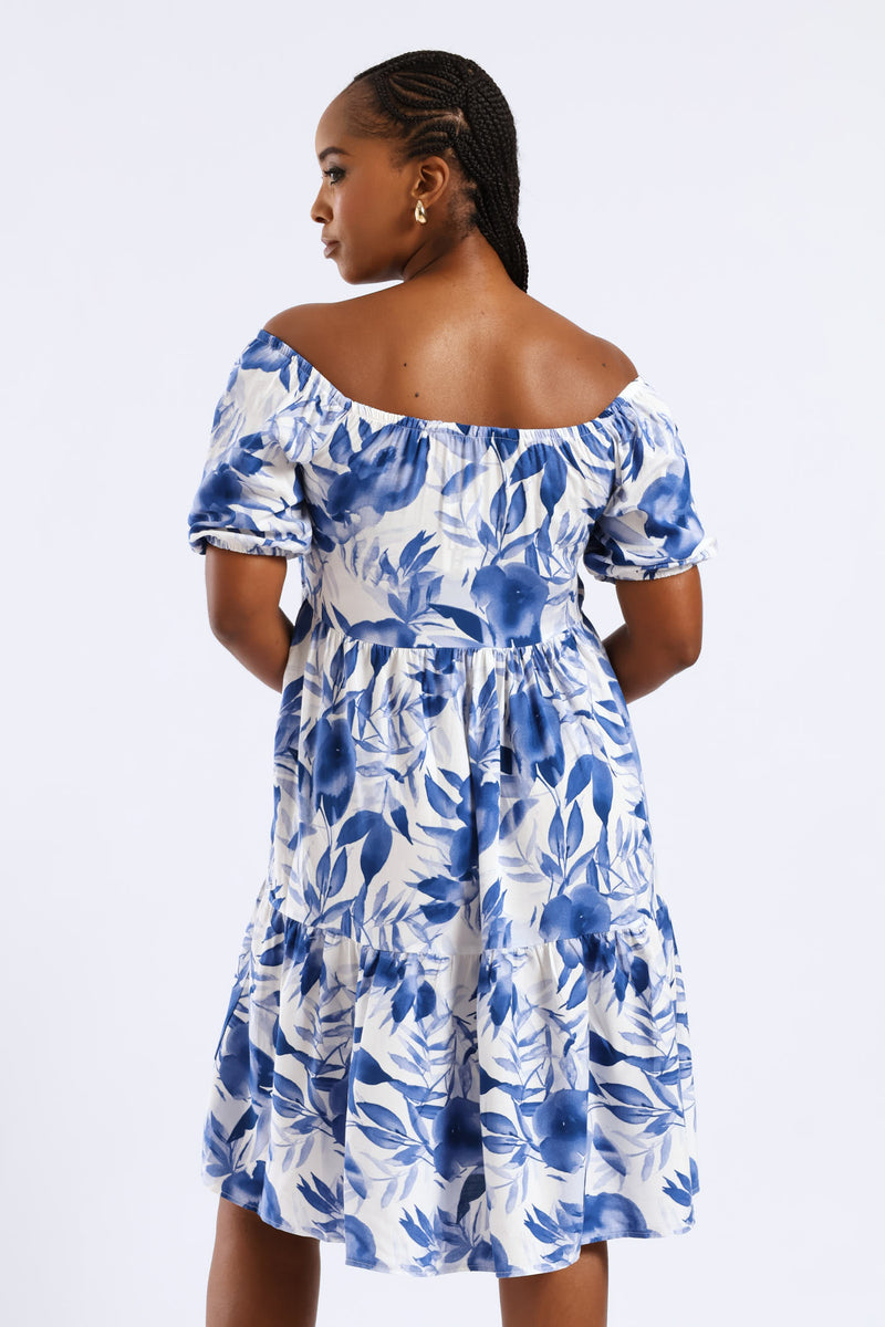 Printed Tiered Gypsy Mini Dress - White/Blue