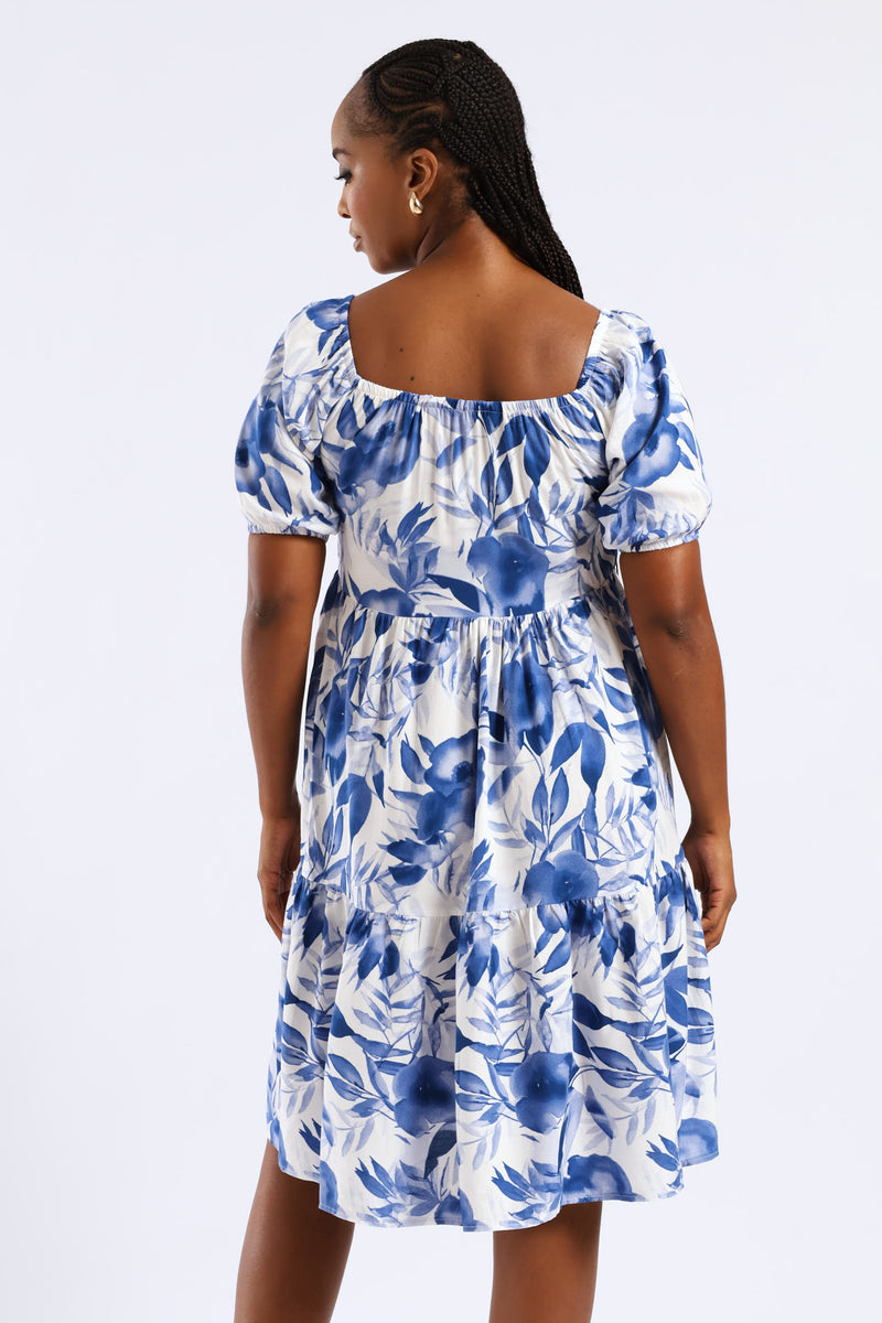 Printed Tiered Gypsy Mini Dress - White/Blue