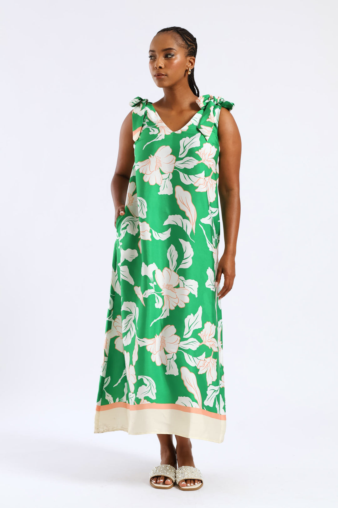 Bow Ties V-Neck Border Print Midaxi Dress - White/Green