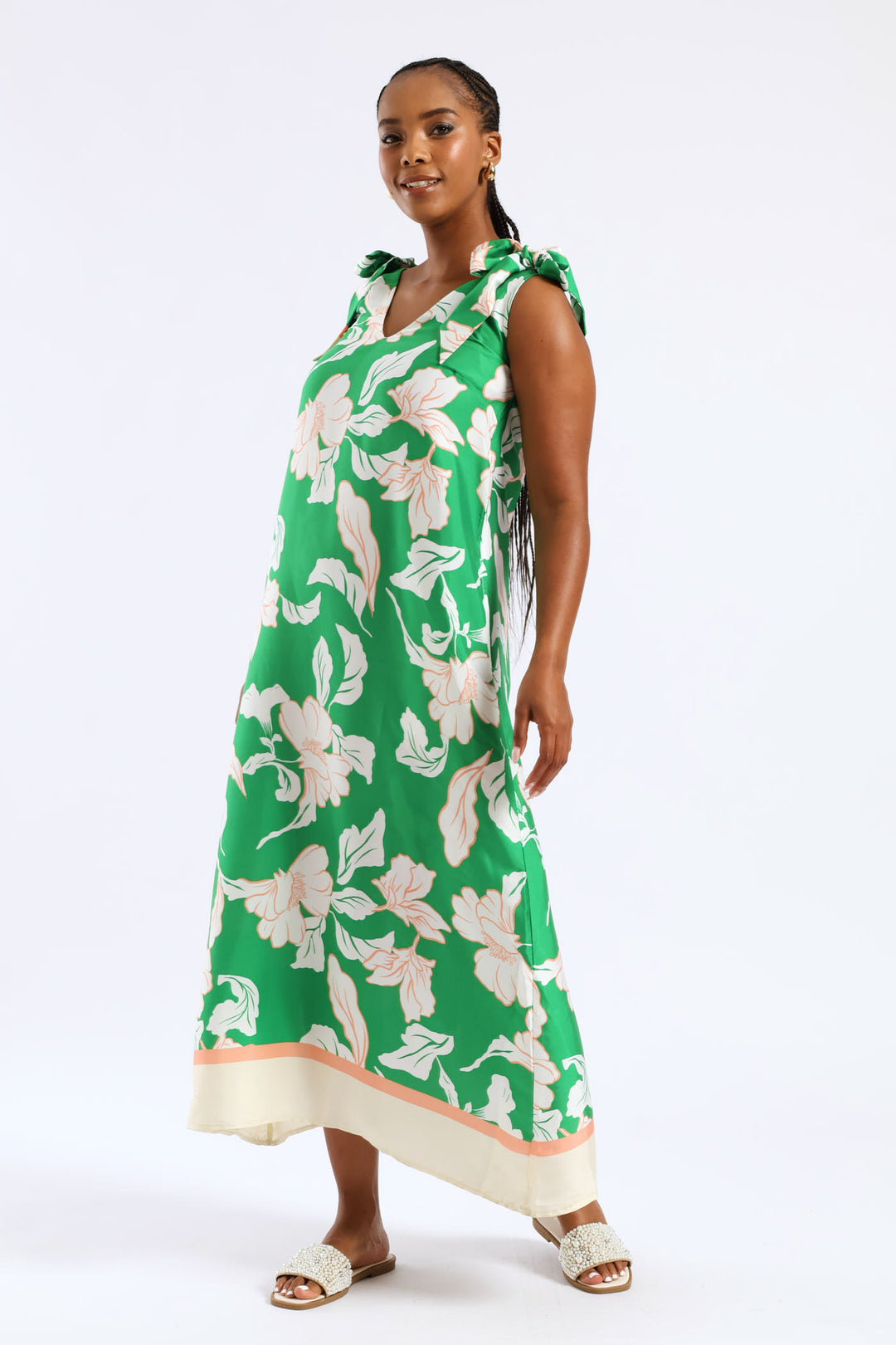 Bow Ties V-Neck Border Print Midaxi Dress - White/Green