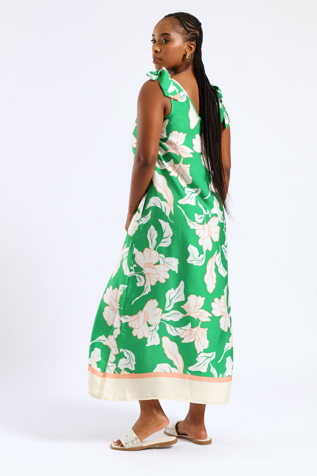 Bow Ties V-Neck Border Print Midaxi Dress - White/Green