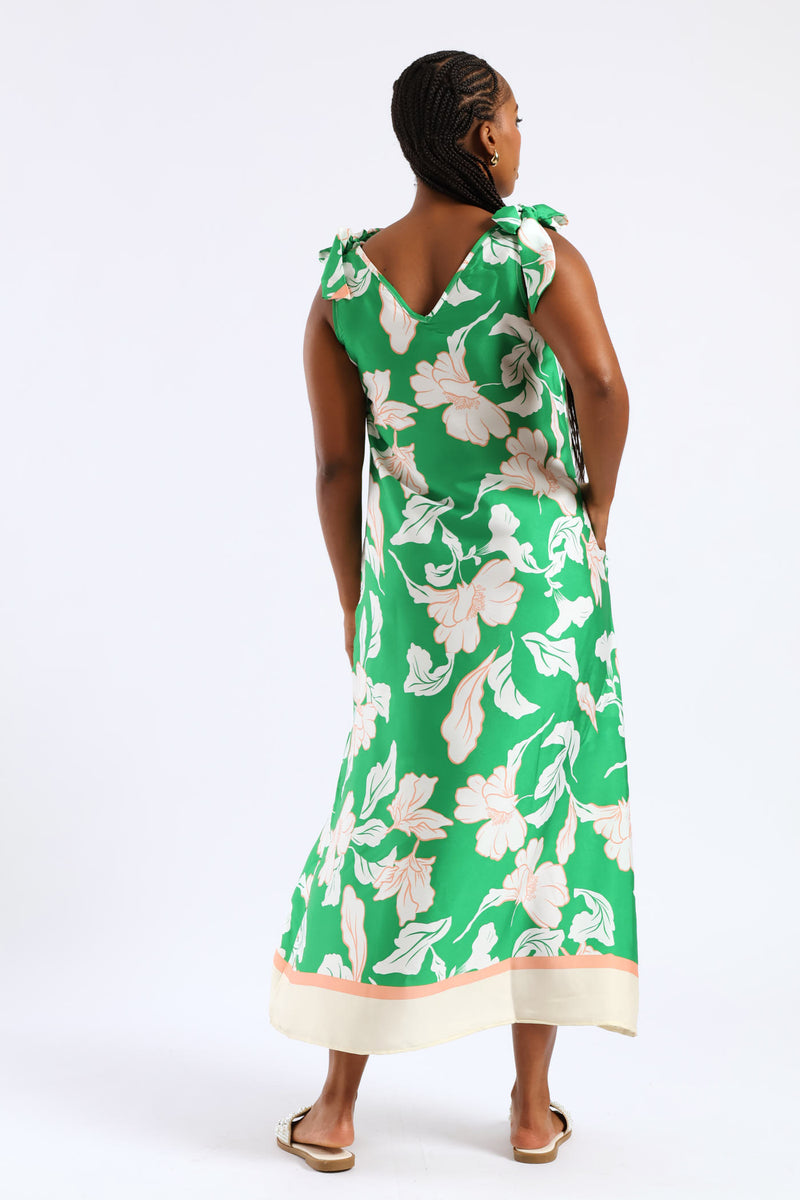 Bow Ties V-Neck Border Print Midaxi Dress - White/Green