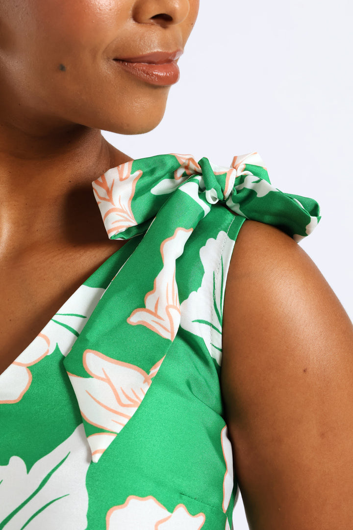 Bow Ties V-Neck Border Print Midaxi Dress - White/Green