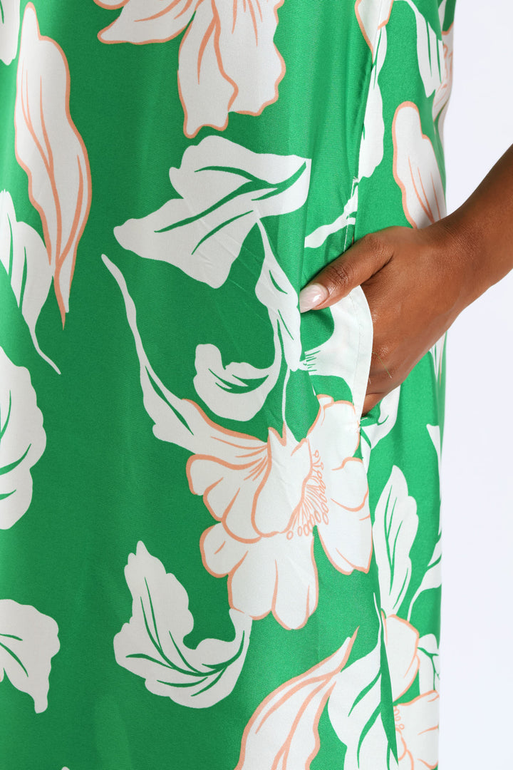 Bow Ties V-Neck Border Print Midaxi Dress - White/Green