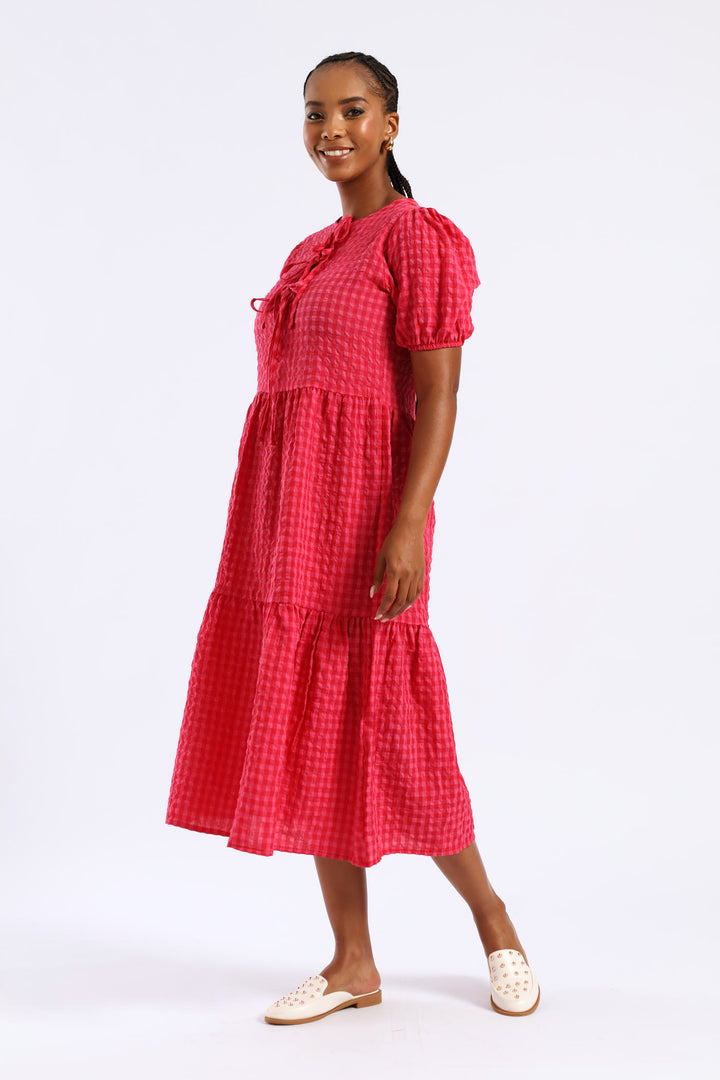 Puff Sleeve Tie Detail Tiered Gingham Midaxi Dress - Bright Pink