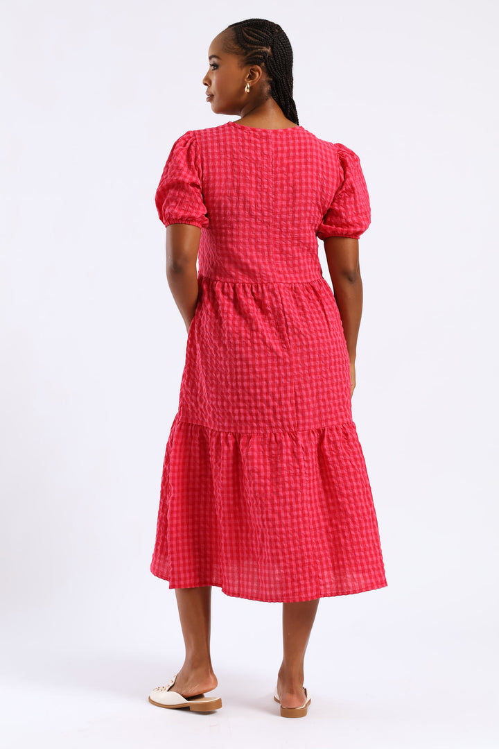 Puff Sleeve Tie Detail Tiered Gingham Midaxi Dress - Bright Pink