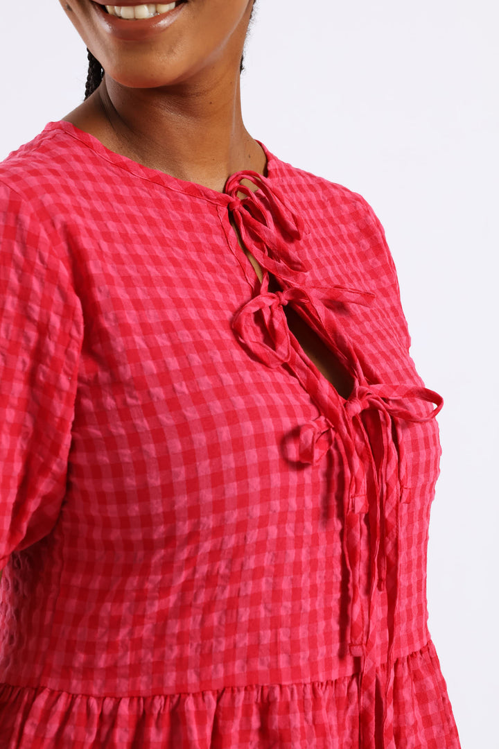 Puff Sleeve Tie Detail Tiered Gingham Midaxi Dress - Bright Pink
