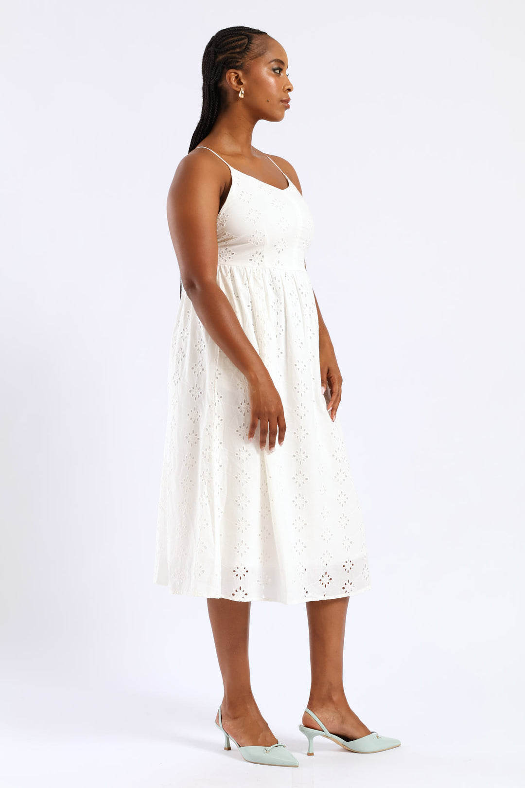 Strappy Babydoll Anglaise Tie-Back Midi Dress - White
