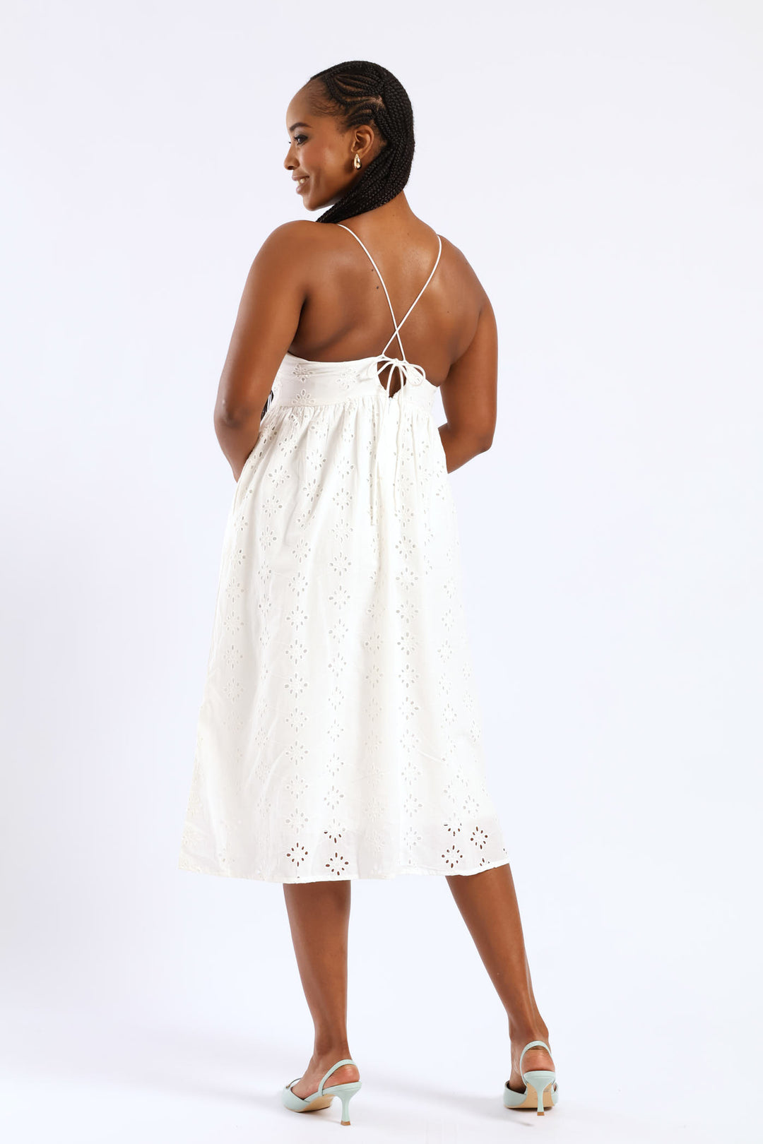 Strappy Babydoll Anglaise Tie-Back Midi Dress - White