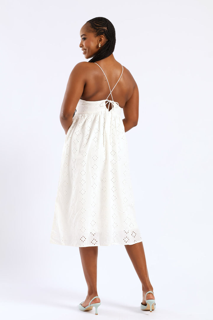 Strappy Babydoll Anglaise Tie-Back Midi Dress - White