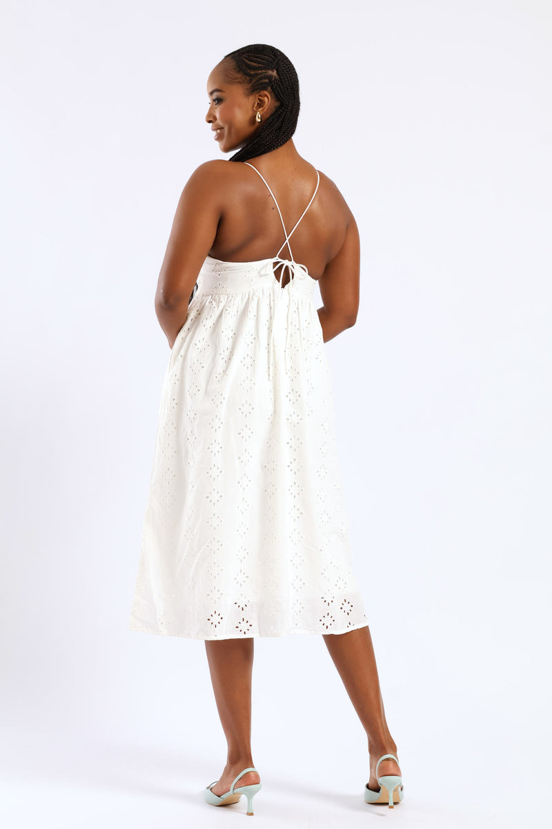 Strappy Babydoll Anglaise Tie-Back Midi Dress - White