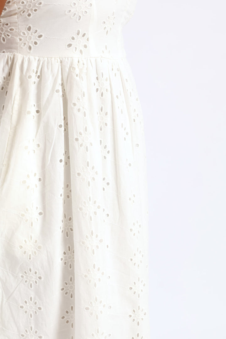 Strappy Babydoll Anglaise Tie-Back Midi Dress - White