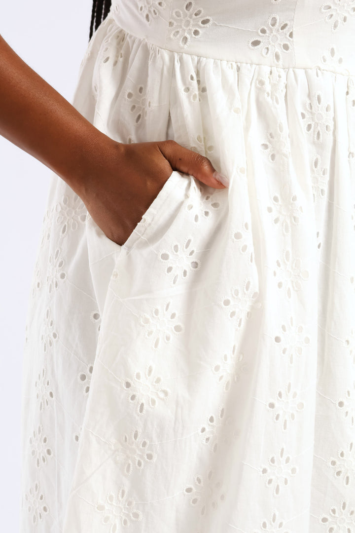 Strappy Babydoll Anglaise Tie-Back Midi Dress - White