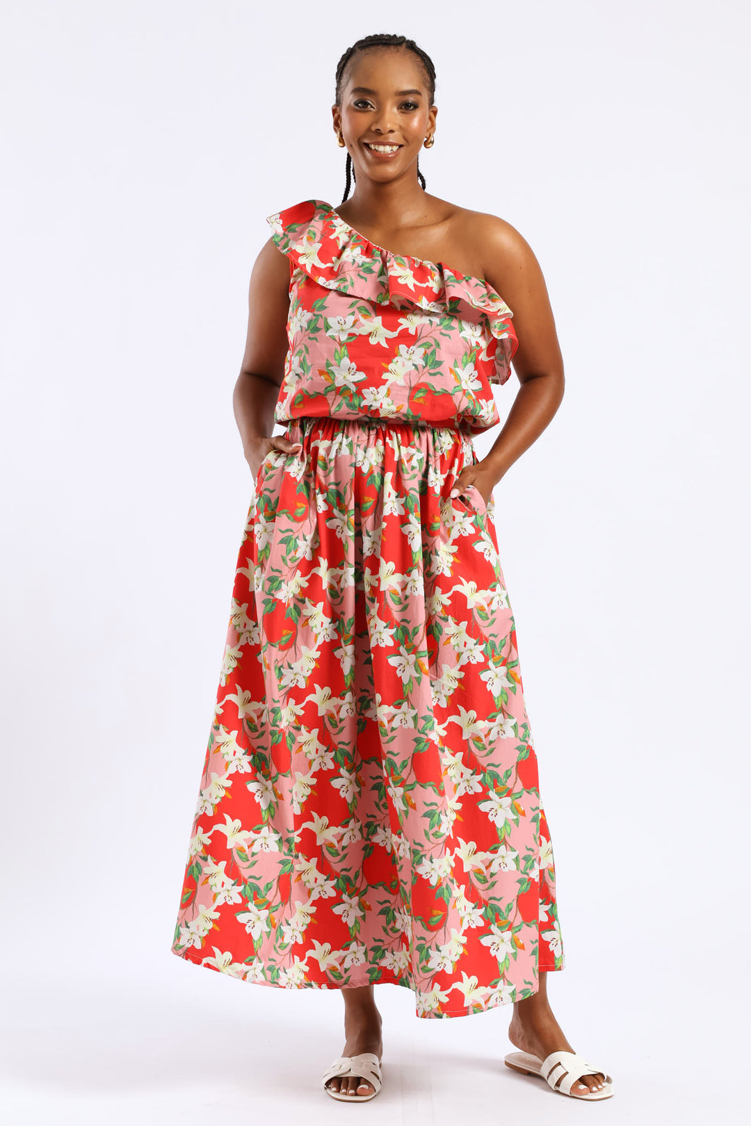 One Shoulder Floral Frill Top - Red/Pink