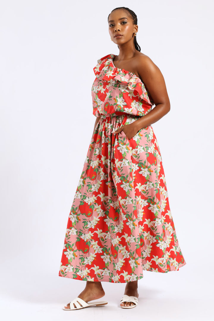 Structured Wide Hem Floral Flared Midi Skirt - Red/Pink