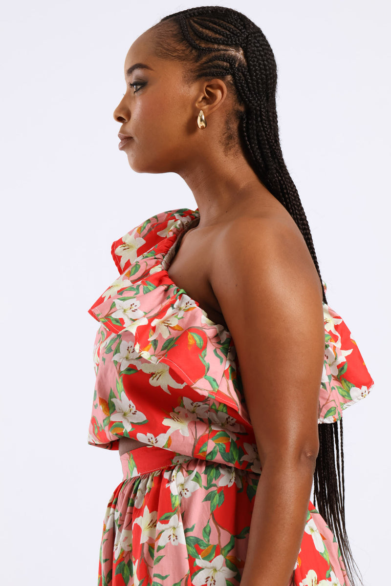 One Shoulder Floral Frill Top - Red/Pink