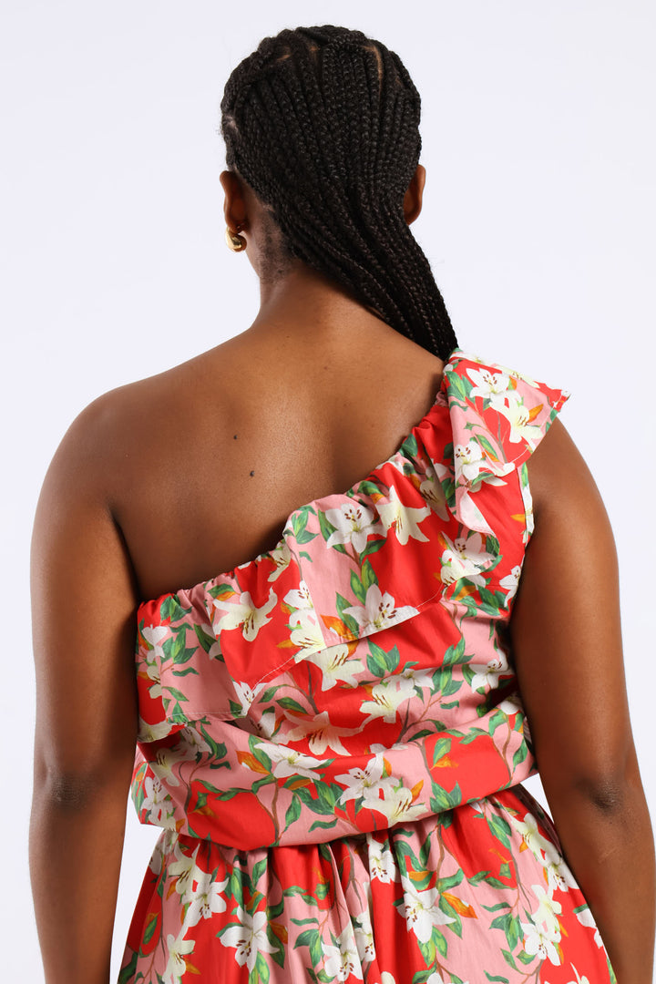 One Shoulder Floral Frill Top - Red/Pink