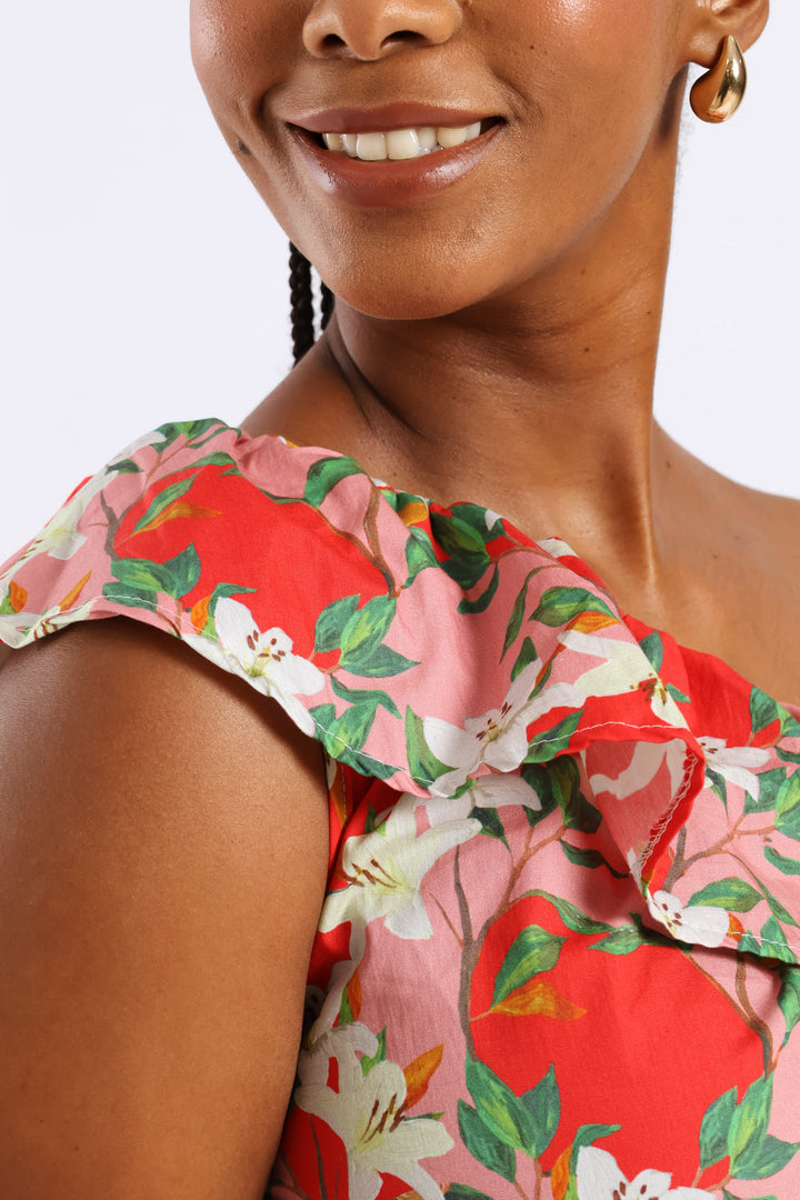 One Shoulder Floral Frill Top - Red/Pink