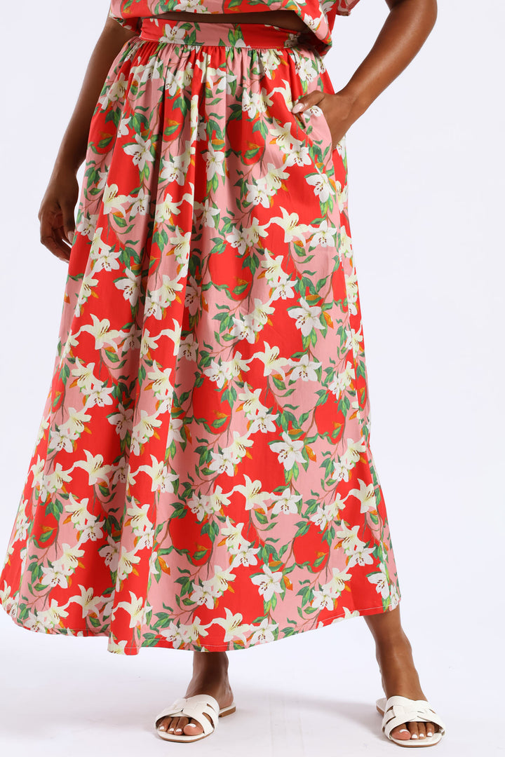 Structured Wide Hem Floral Flared Midi Skirt - Red/Pink
