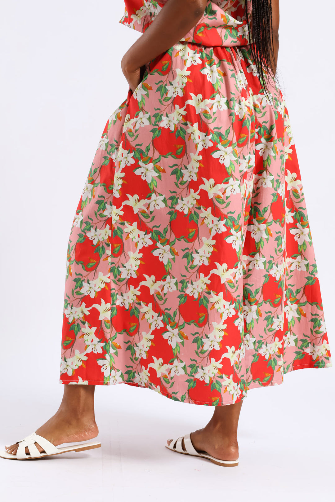 Structured Wide Hem Floral Flared Midi Skirt - Red/Pink