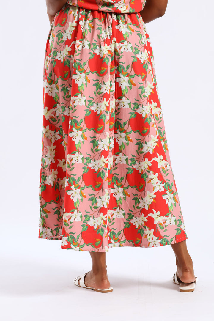 Structured Wide Hem Floral Flared Midi Skirt - Red/Pink