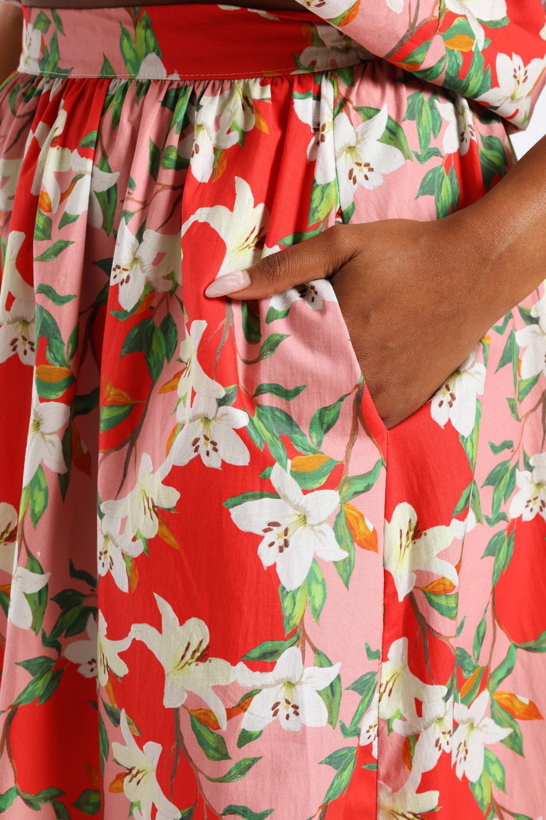 Structured Wide Hem Floral Flared Midi Skirt - Red/Pink