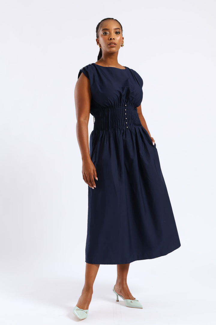 Pintuck Waist Boat Neck Fit & Flare Midaxi Dresses - Navy