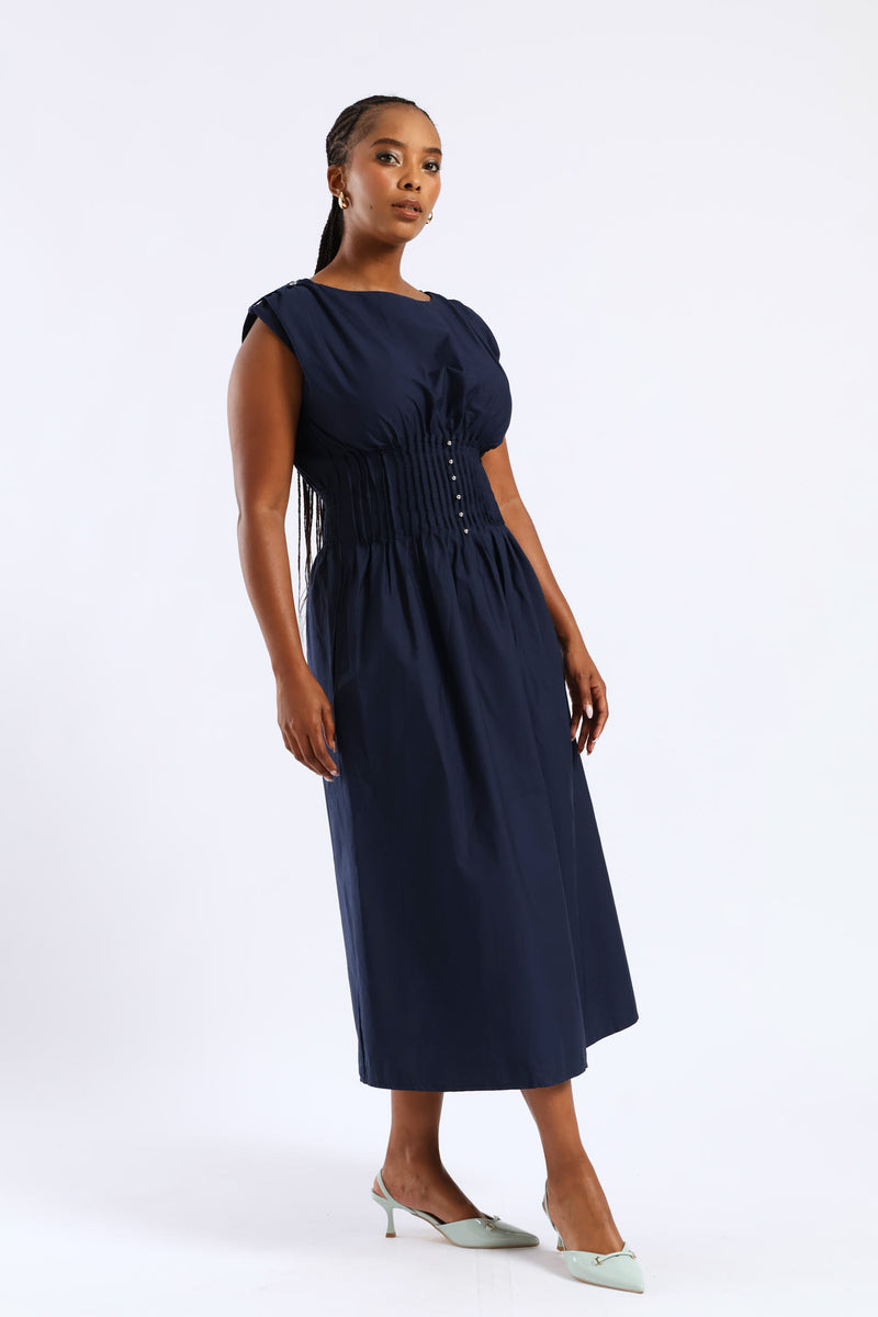 Pintuck Waist Boat Neck Fit & Flare Midaxi Dresses - Navy
