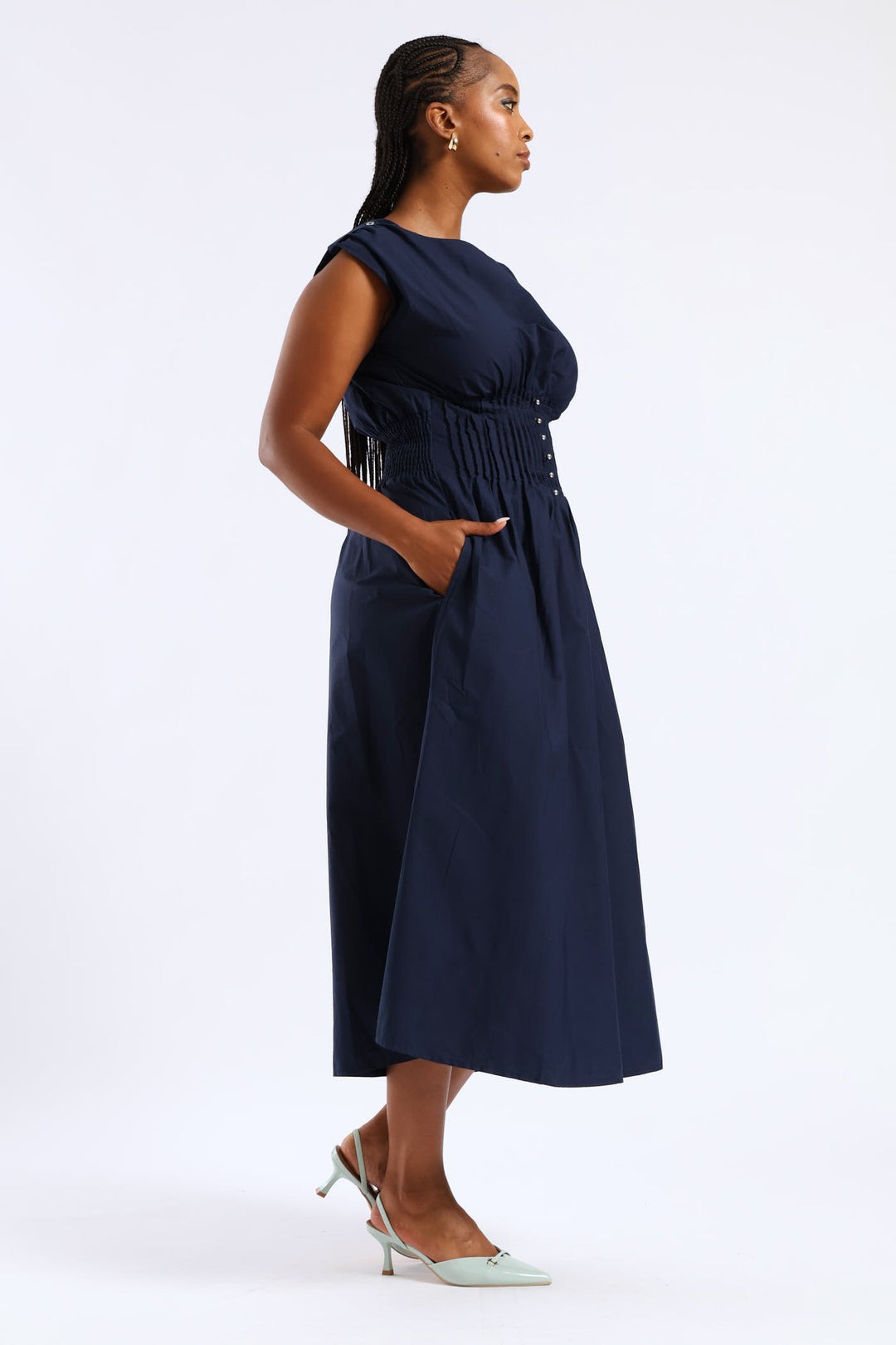 Pintuck Waist Boat Neck Fit & Flare Midaxi Dresses - Navy