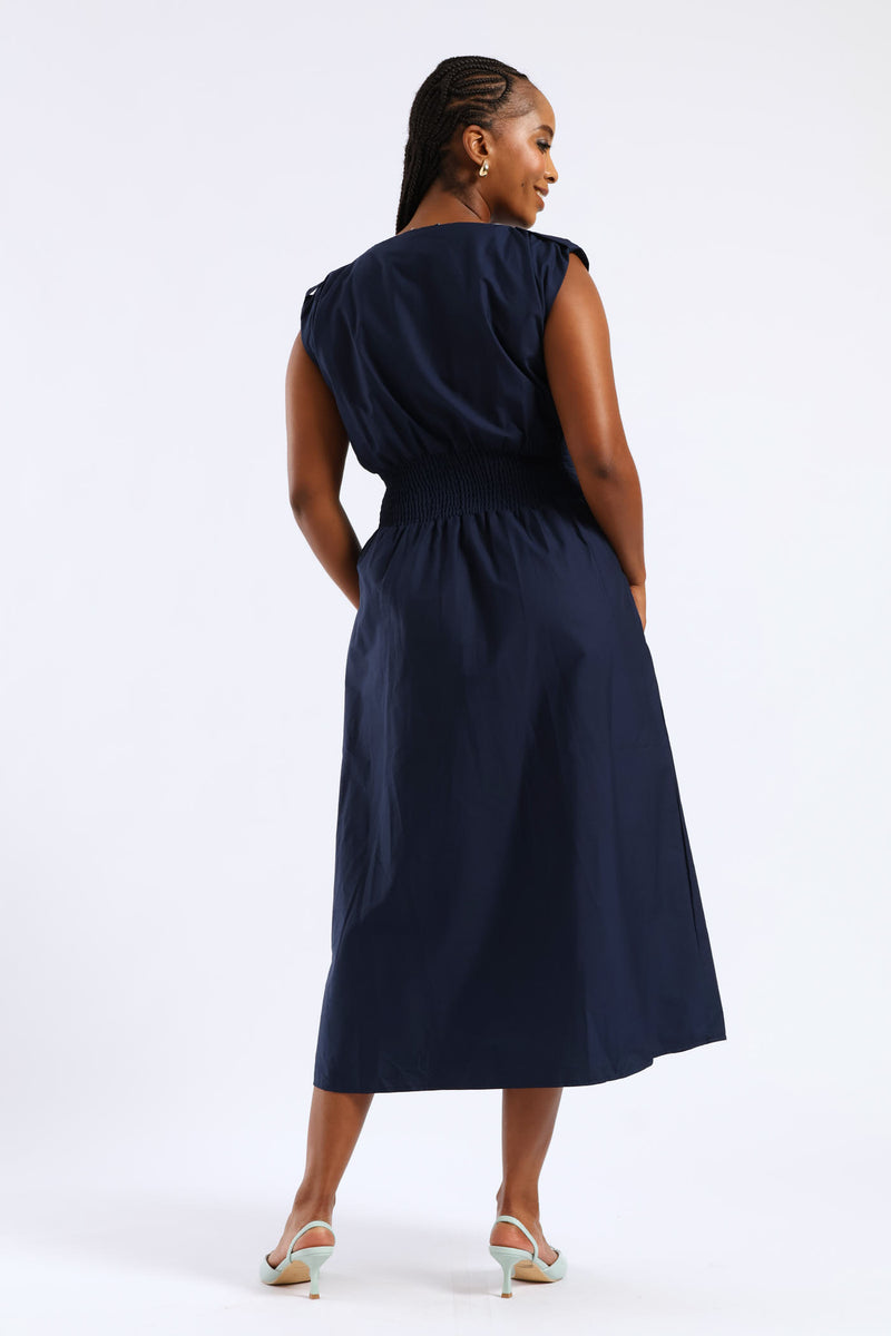 Pintuck Waist Boat Neck Fit & Flare Midaxi Dresses - Navy