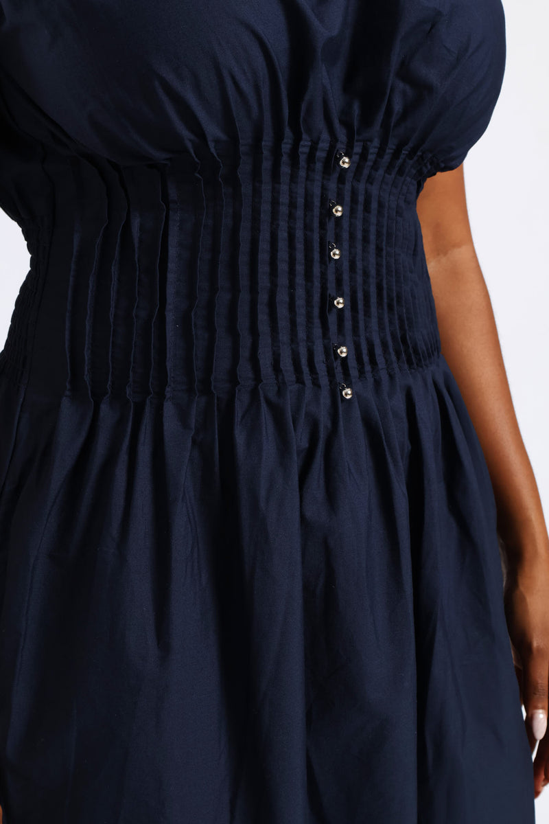Pintuck Waist Boat Neck Fit & Flare Midaxi Dresses - Navy