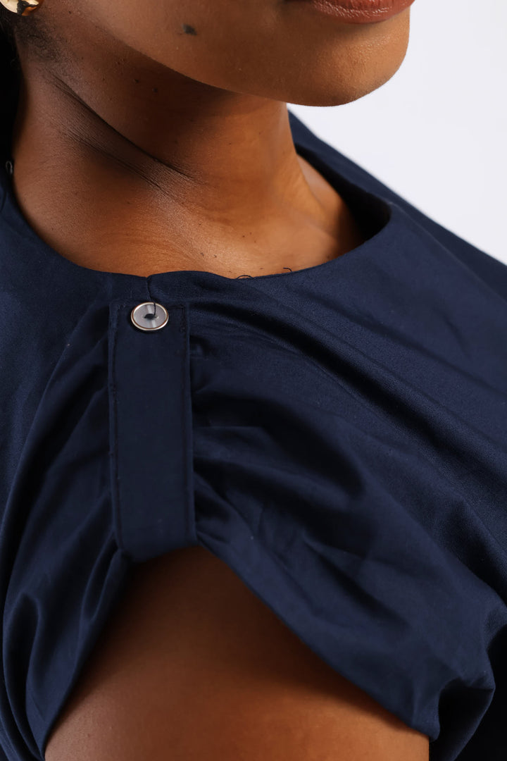 Pintuck Waist Boat Neck Fit & Flare Midaxi Dresses - Navy