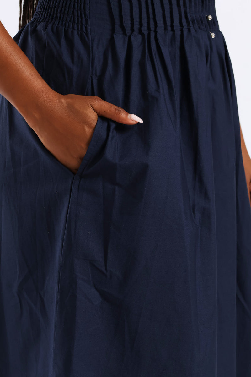 Pintuck Waist Boat Neck Fit & Flare Midaxi Dresses - Navy
