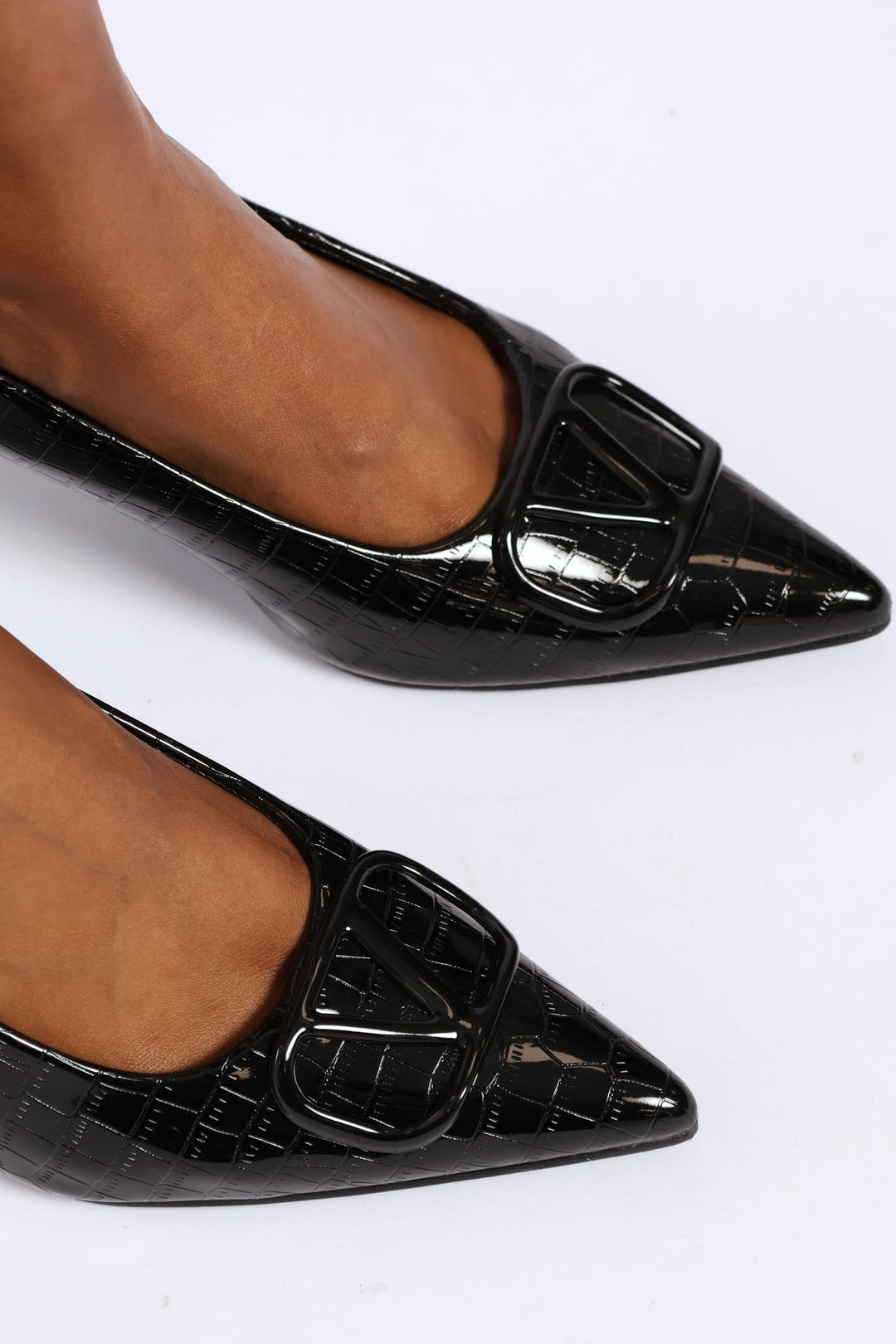 Self Colour Trim Textured Kitten Court Heel - Black