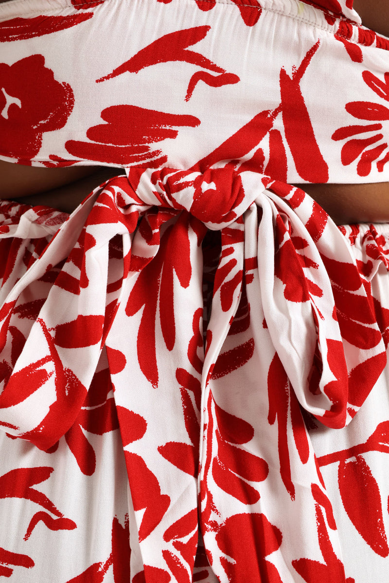 Frilly Shirred Bodice Open Back Tiered Maxi Dress - White/Red