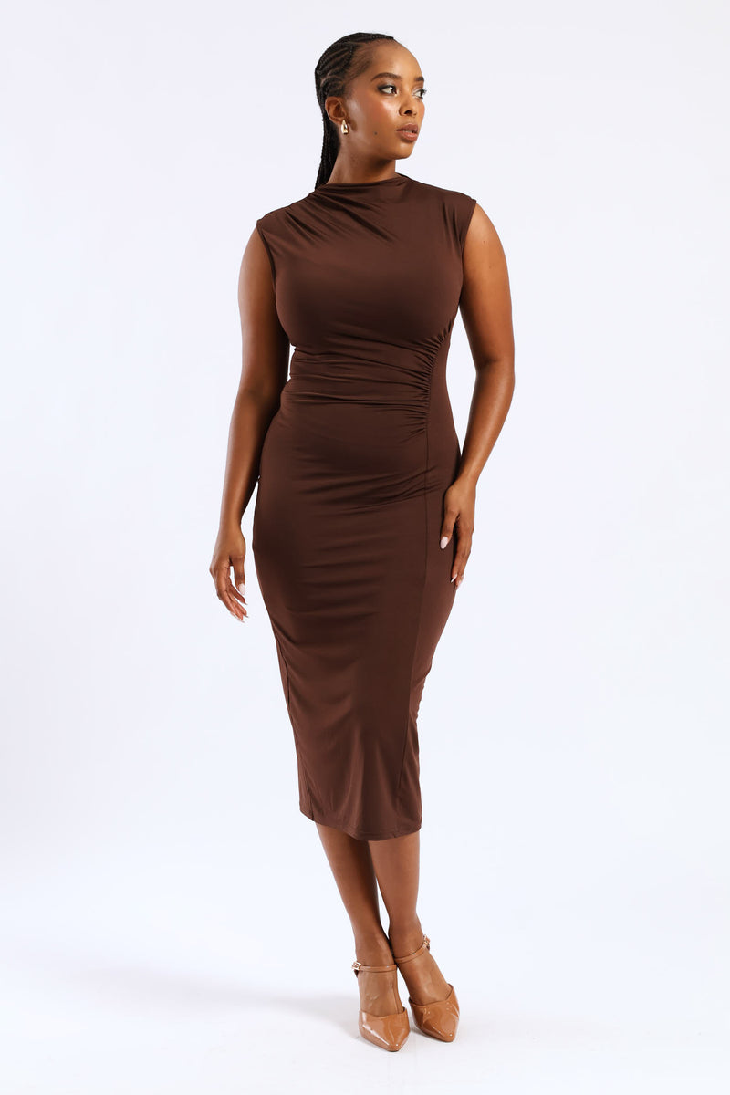 Ladies Hi-Neck Ruched Slinky Midi Dress