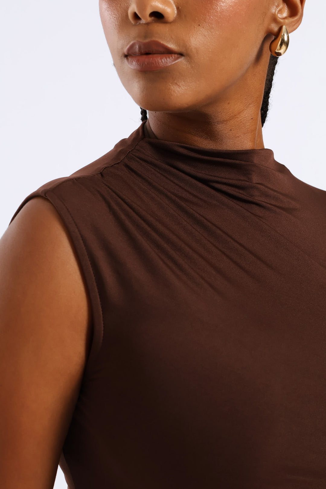 Hi-Neck Ruched Slinky Midi Dress - Brown